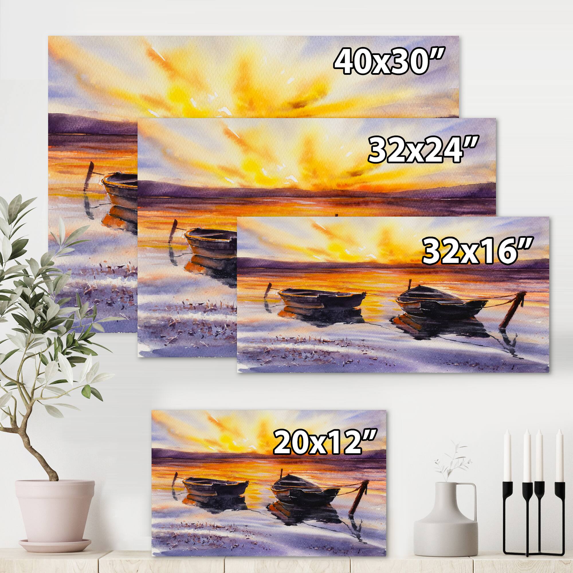 Designart - Sunset and Two Small Boats Parking On The Shore